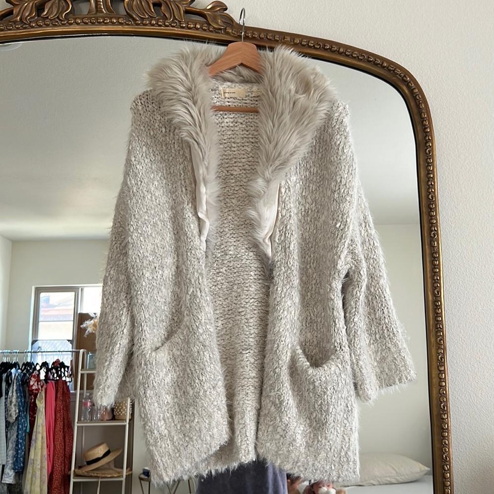 Anthropologie Cream Faux-Fur Trim Open Cardigan